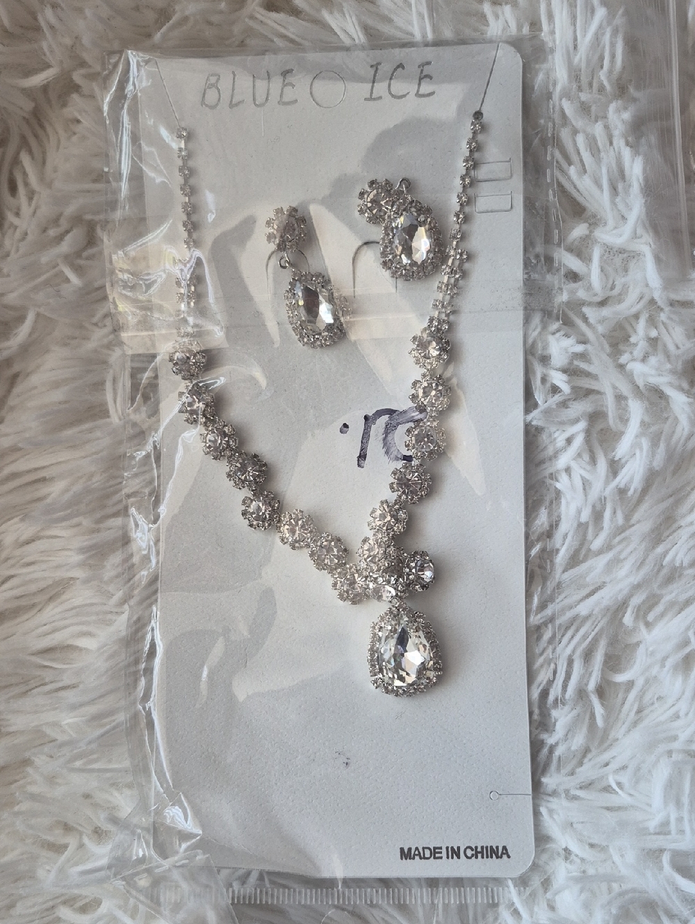 Blue Ice Silver Crystal Teardrop Necklace and Earring Set